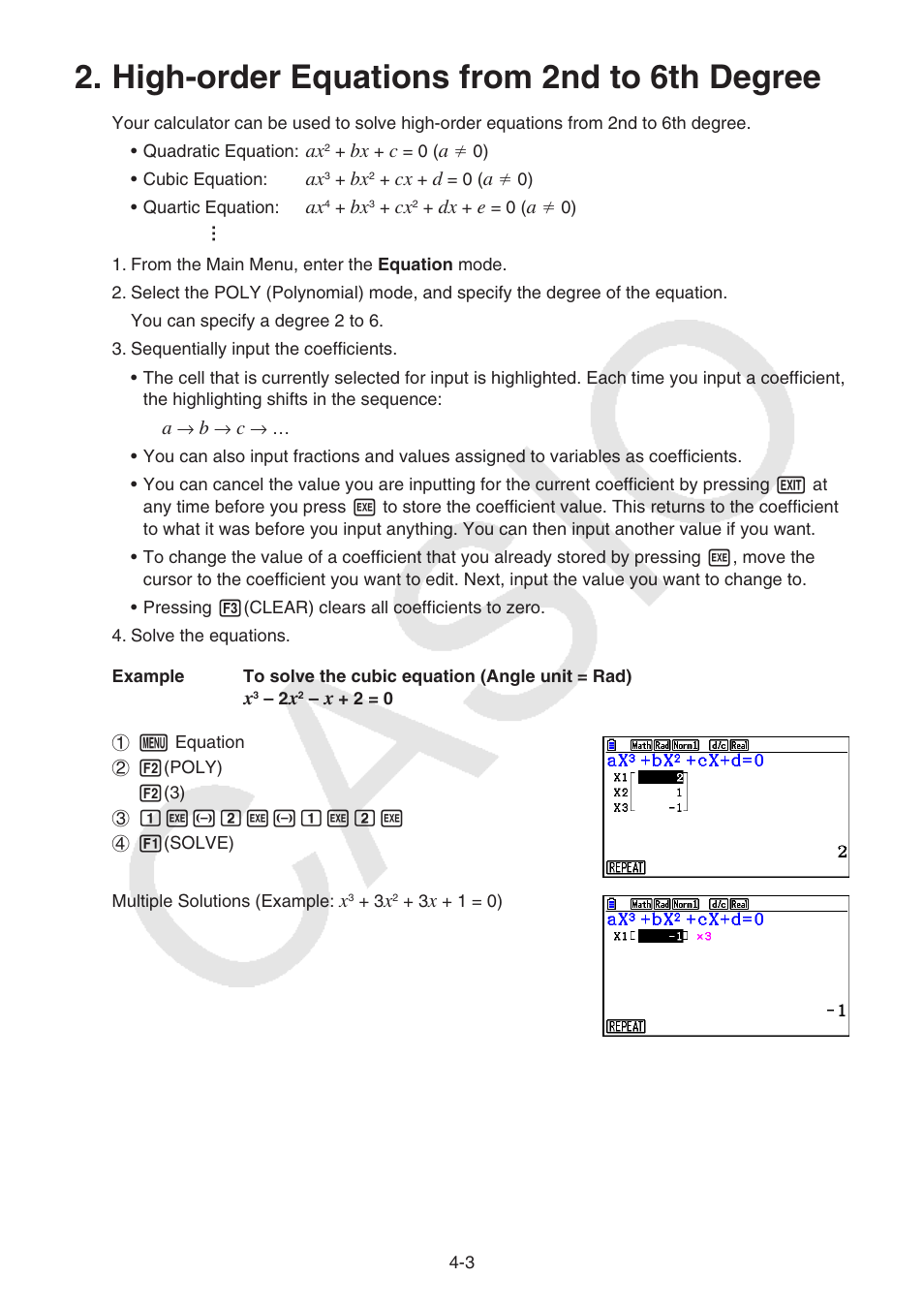 High-order equations from 2nd to 6th degree, High-order equations from 2nd to 6th degree -3 | Casio FX-CG10 User Manual | Page 130 / 601