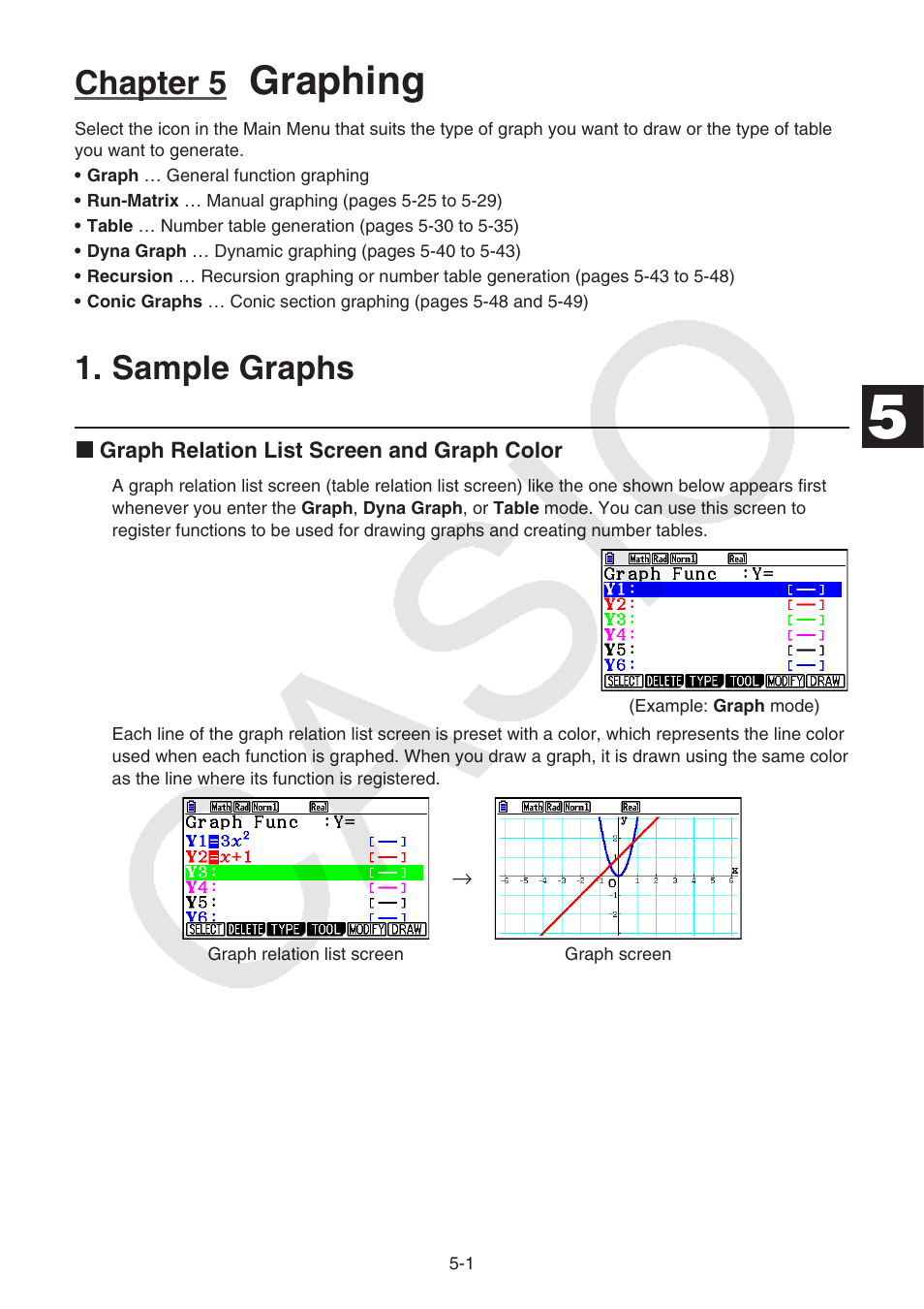 Chapter 5 graphing, Sample graphs, Sample | Graphs, Graphing, Chapter 5 | Casio FX-CG10 User Manual | Page 133 / 601