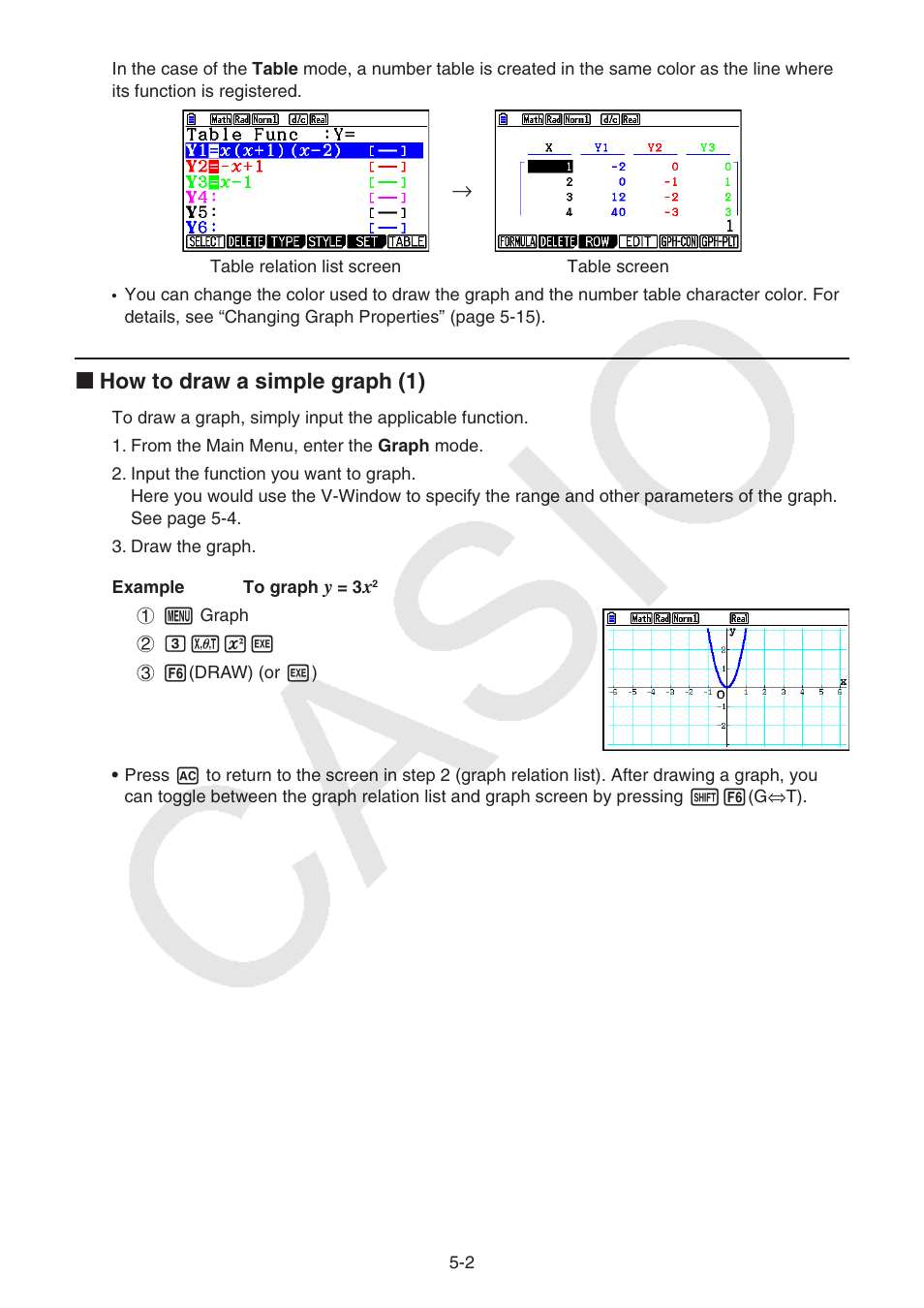 K how to draw a simple graph (1) | Casio FX-CG10 User Manual | Page 134 / 601