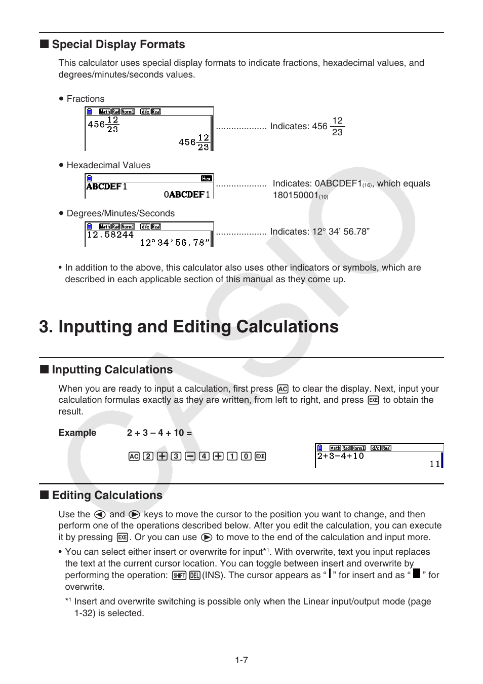 Inputting and editing calculations, Inputting and editing calculations -7, K special display formats | K inputting calculations, K editing calculations | Casio FX-CG10 User Manual | Page 14 / 601