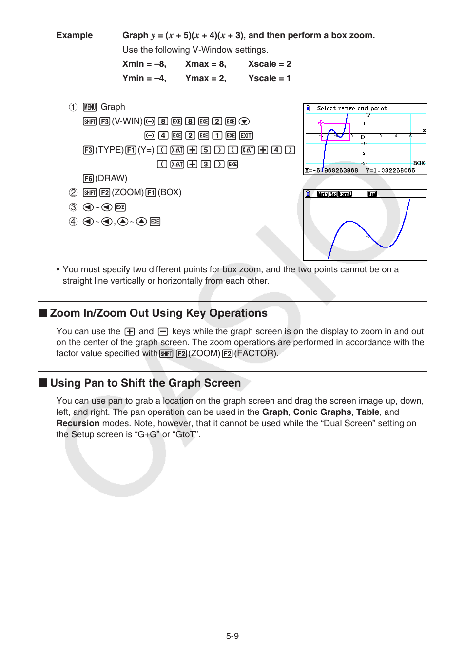 K zoom in/zoom out using key operations, K using pan to shift the graph screen | Casio FX-CG10 User Manual | Page 141 / 601