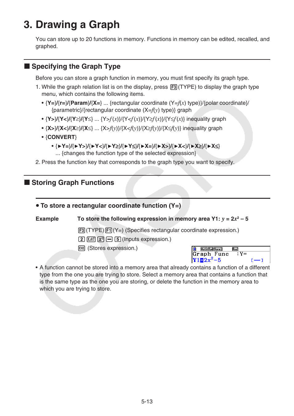 Drawing a graph, Drawing, Graph | K specifying the graph type, K storing graph functions | Casio FX-CG10 User Manual | Page 145 / 601