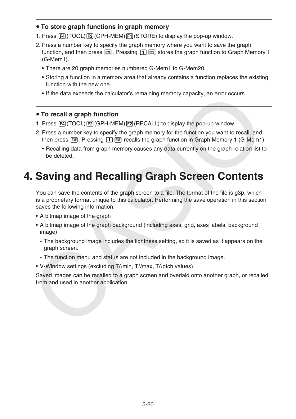 Saving and recalling graph screen contents, Saving and recalling graph screen contents -20 | Casio FX-CG10 User Manual | Page 152 / 601
