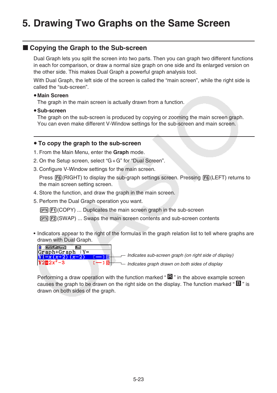 Drawing two graphs on the same screen, Drawing two graphs on the same screen -23, K copying the graph to the sub-screen | Casio FX-CG10 User Manual | Page 155 / 601