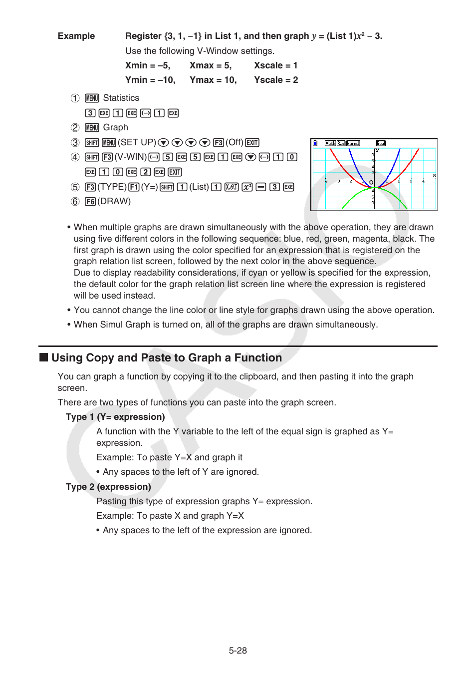 K using copy and paste to graph a function | Casio FX-CG10 User Manual | Page 160 / 601