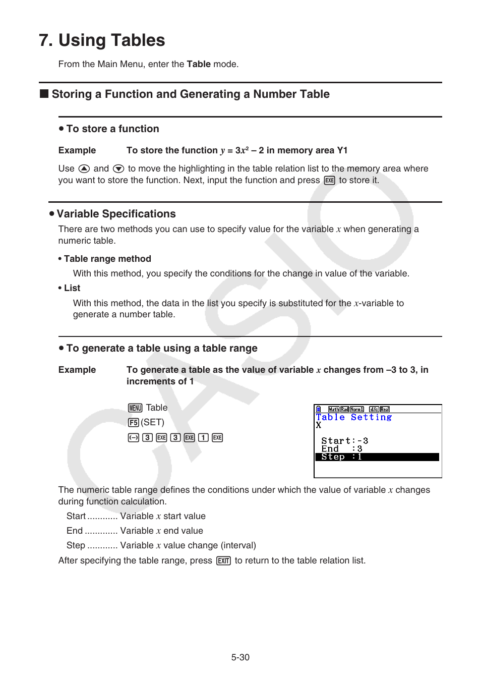 Using tables, Using, Tables | K storing a function and generating a number table | Casio FX-CG10 User Manual | Page 162 / 601