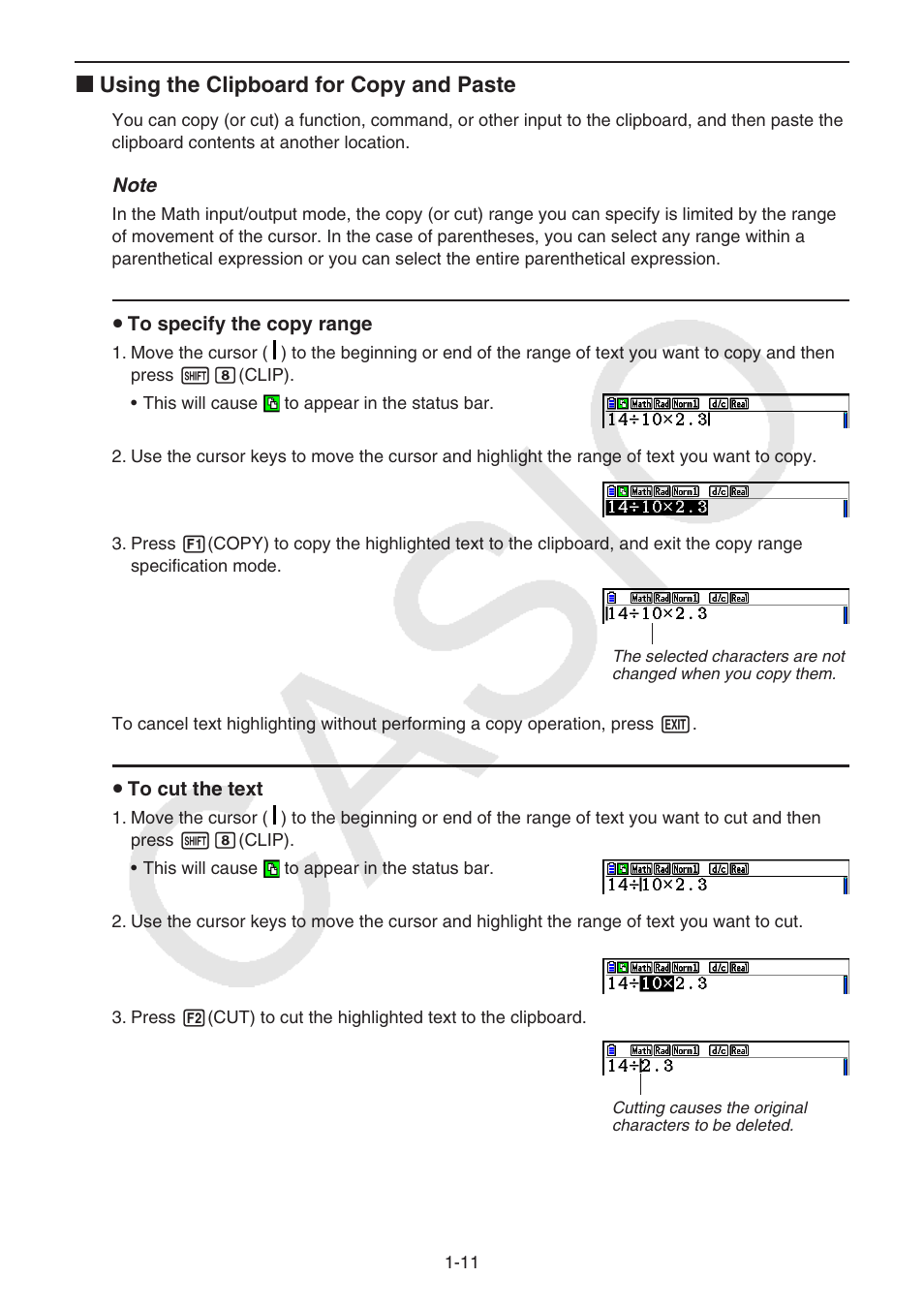 K using the clipboard for copy and paste, U to specify the copy range, U to cut the text | Casio FX-CG10 User Manual | Page 18 / 601