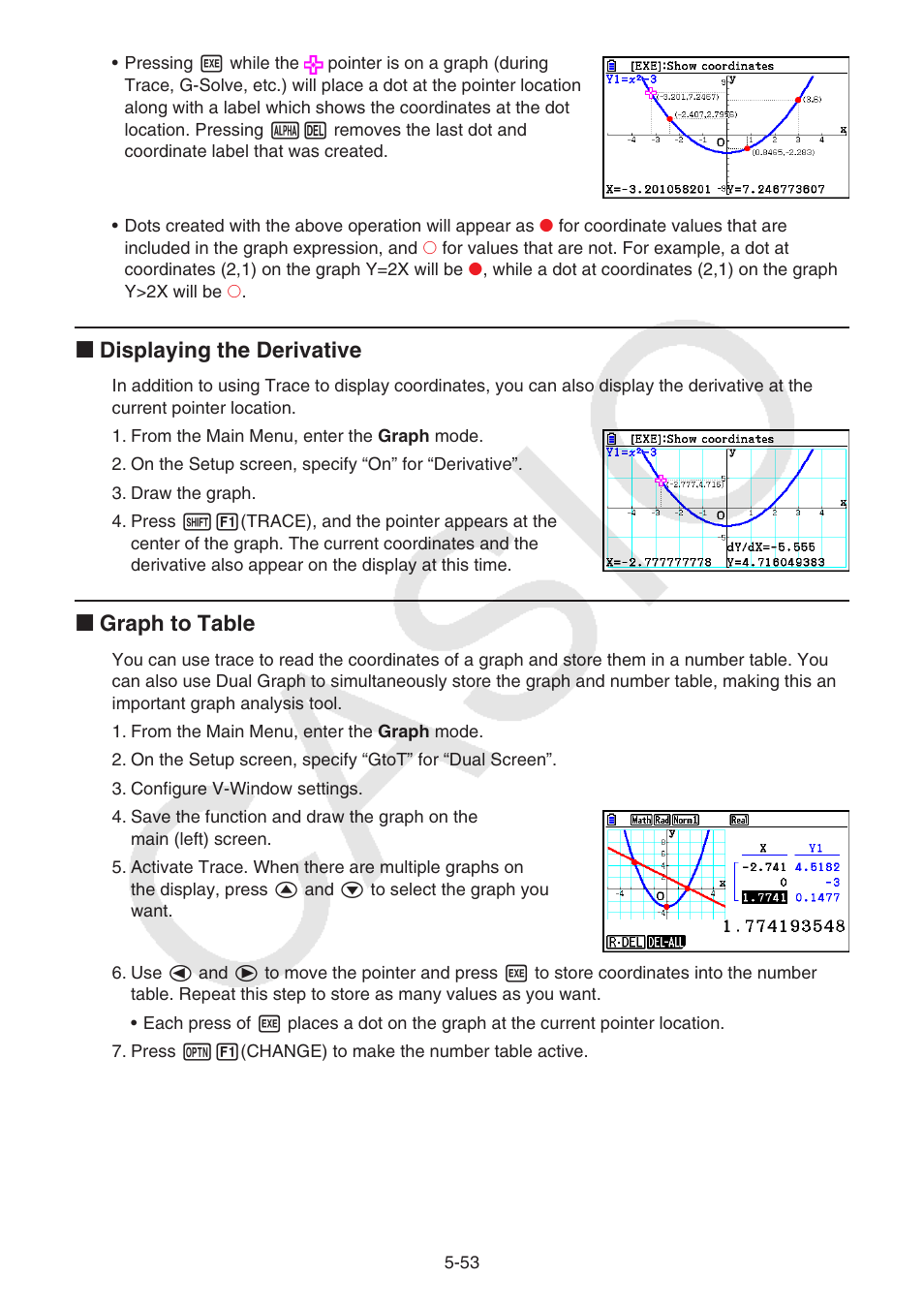 K displaying the derivative, K graph to table | Casio FX-CG10 User Manual | Page 185 / 601