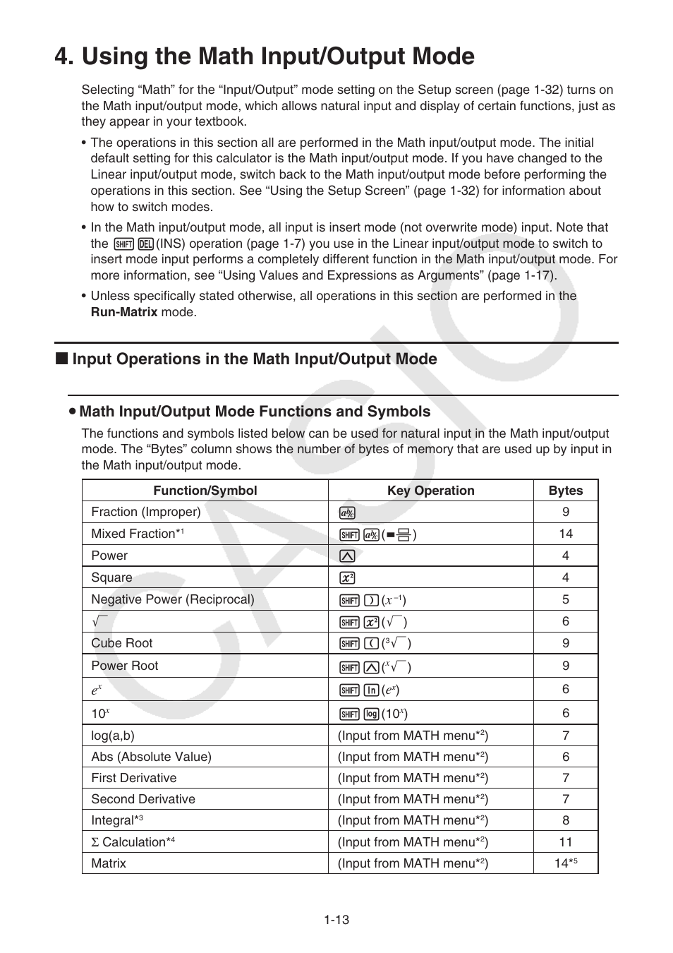 Using the math input/output mode, Using the math input/output mode -13, K input operations in the math input/output mode | U math input/output mode functions and symbols | Casio FX-CG10 User Manual | Page 20 / 601