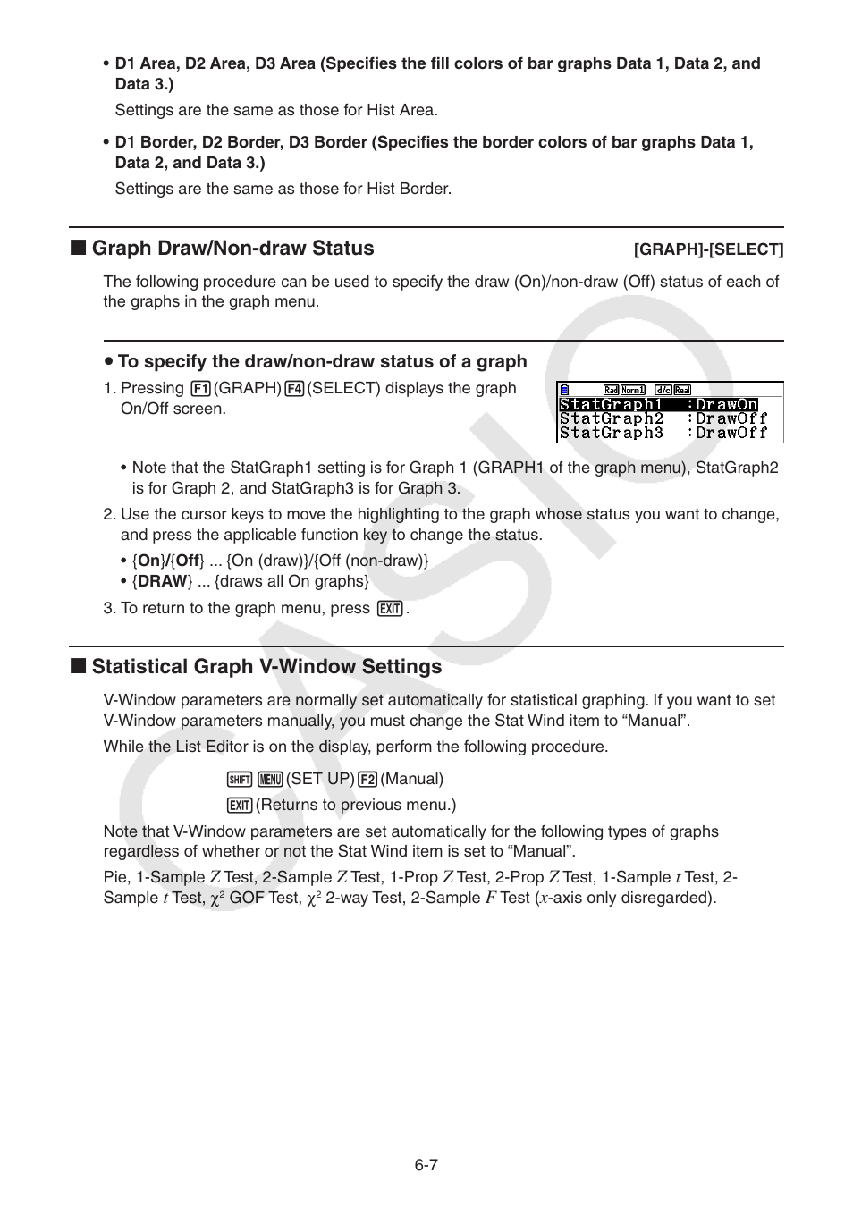 K graph draw/non-draw status, K statistical graph v-window settings | Casio FX-CG10 User Manual | Page 200 / 601