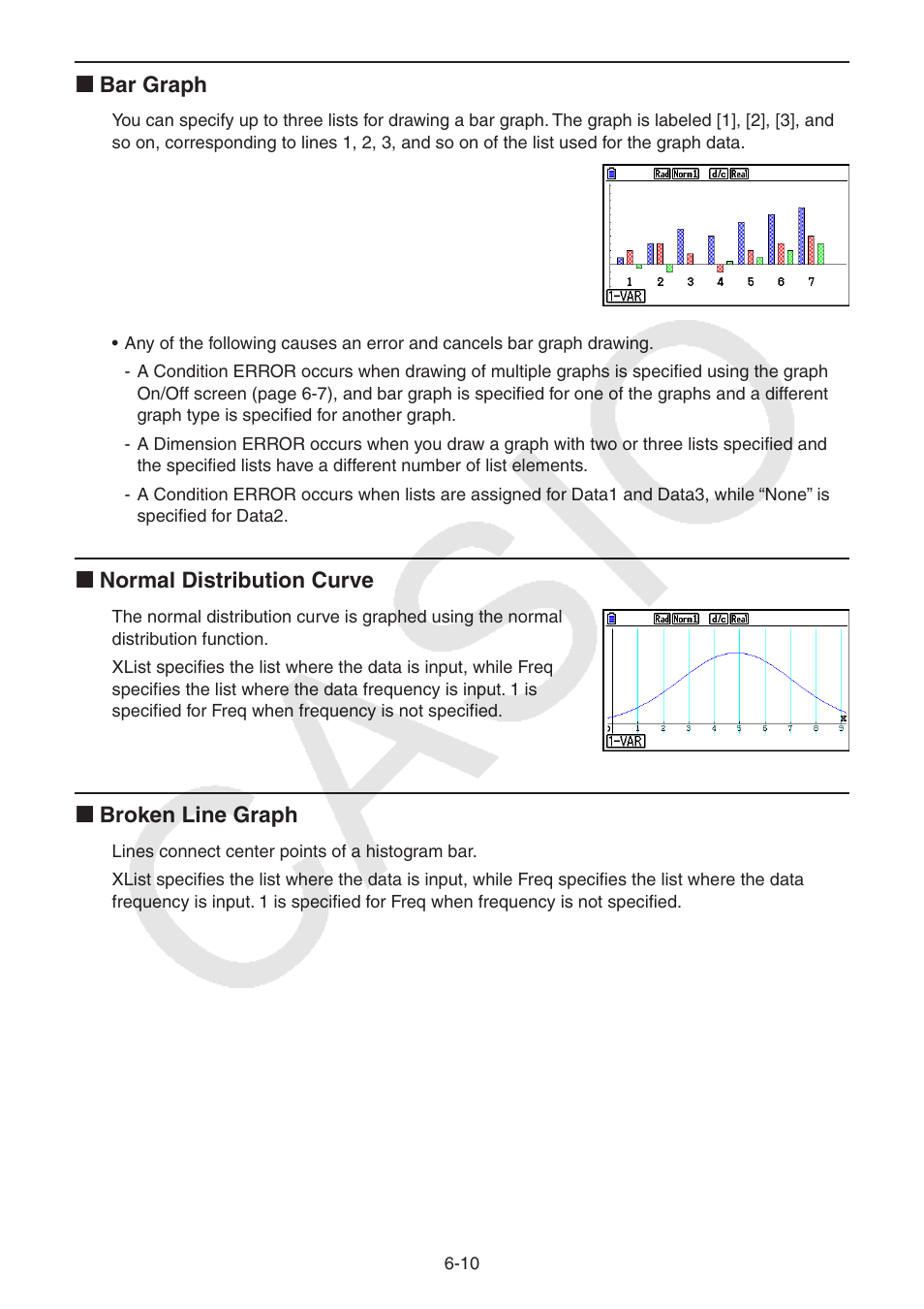 K bar graph, K normal distribution curve, K broken line graph | Casio FX-CG10 User Manual | Page 203 / 601