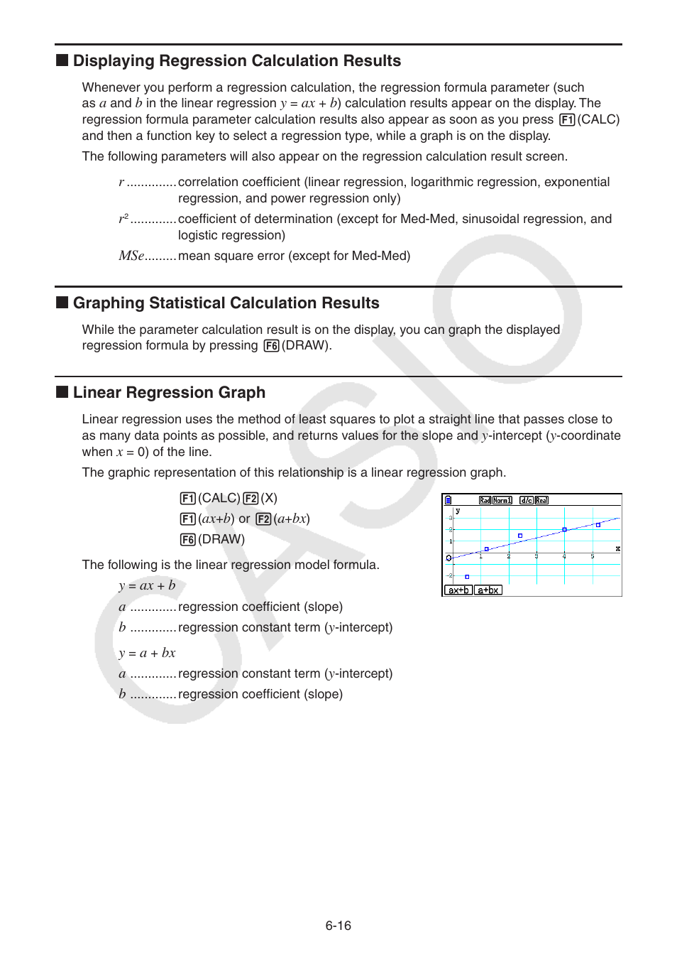 K displaying regression calculation results, K graphing statistical calculation results, K linear regression graph | Casio FX-CG10 User Manual | Page 209 / 601