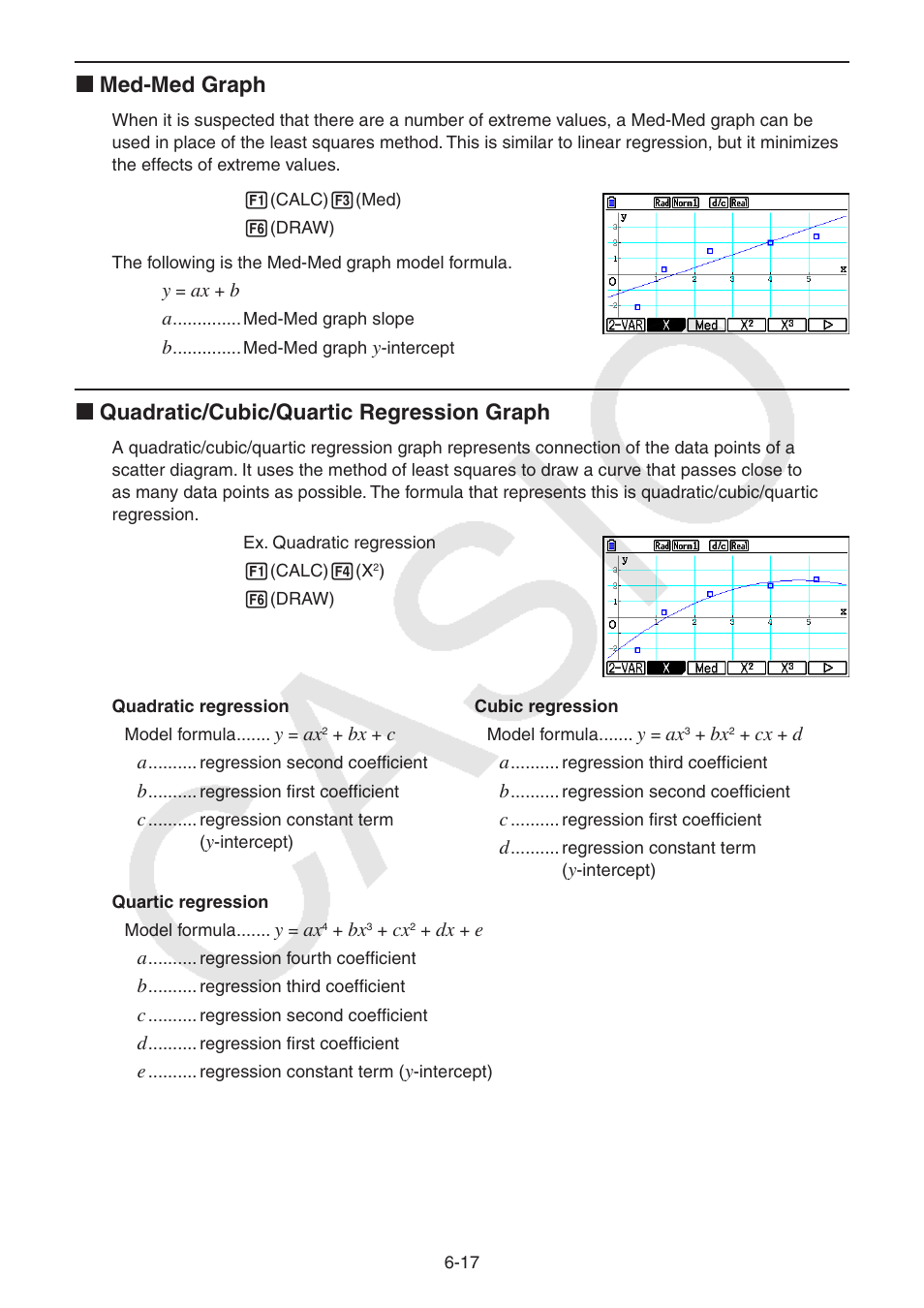 K med-med graph, K quadratic/cubic/quartic regression graph | Casio FX-CG10 User Manual | Page 210 / 601