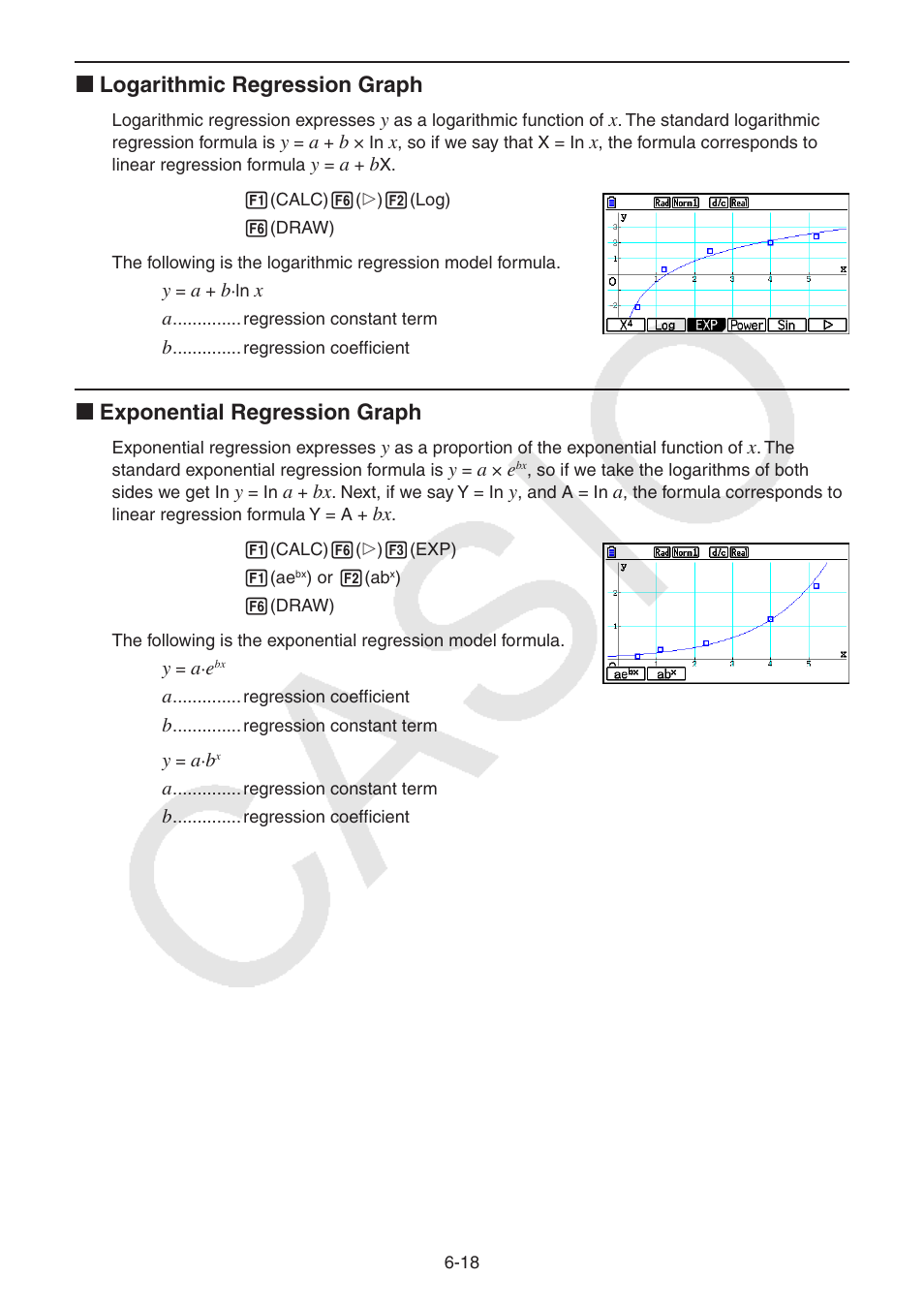 K logarithmic regression graph, K exponential regression graph | Casio FX-CG10 User Manual | Page 211 / 601