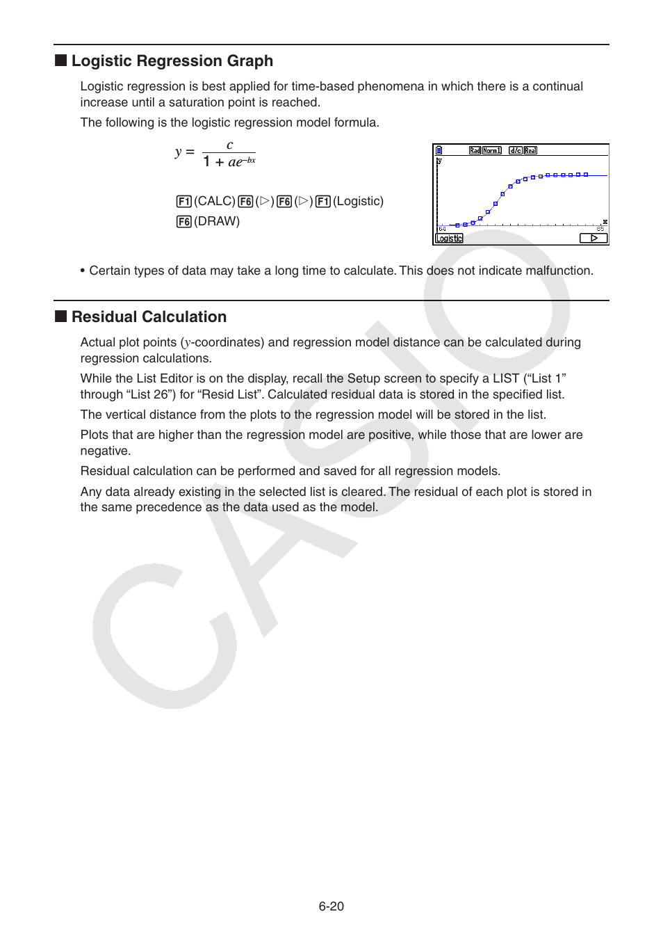 K logistic regression graph, K residual calculation, Y= c 1 + ae | Casio FX-CG10 User Manual | Page 213 / 601