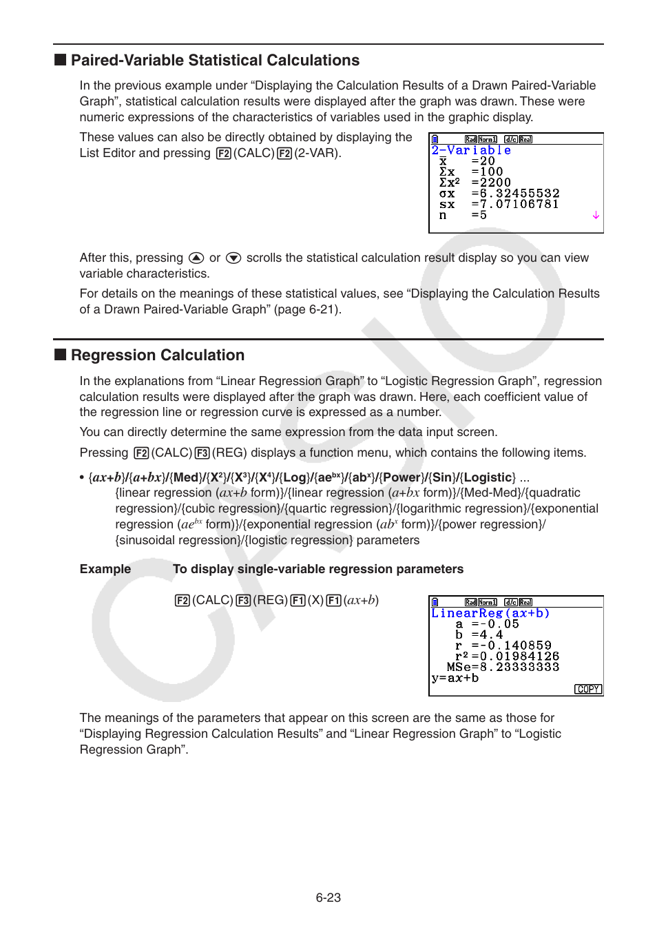 K paired-variable statistical calculations, K regression calculation | Casio FX-CG10 User Manual | Page 216 / 601