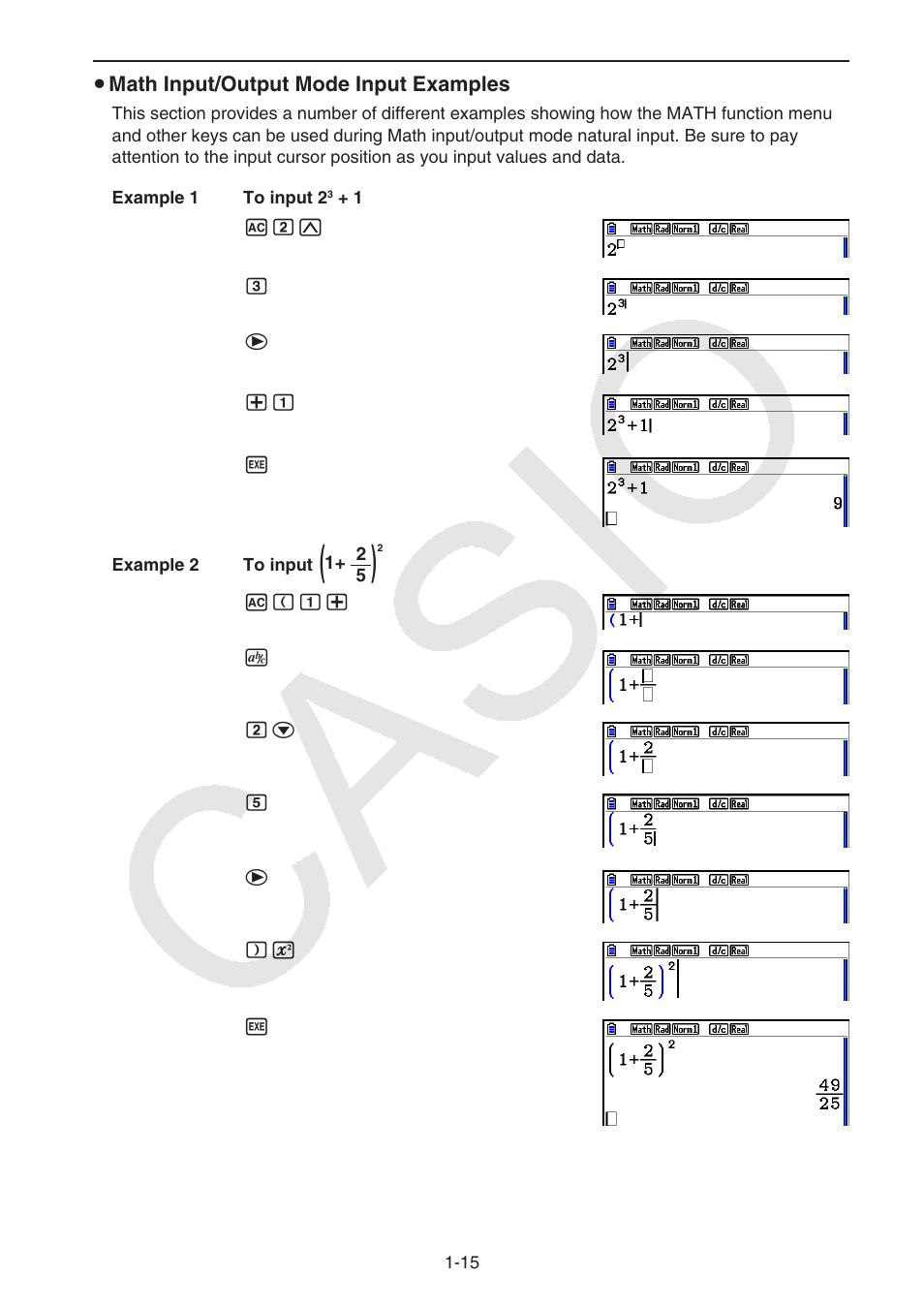 U math input/output mode input examples | Casio FX-CG10 User Manual | Page 22 / 601