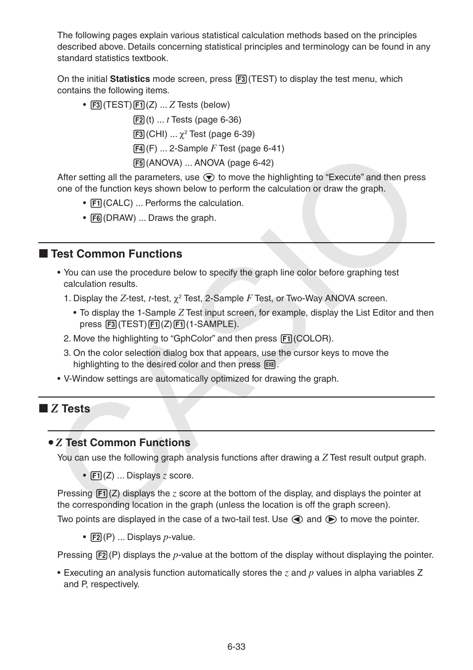 K test common functions, Tests, Test common functions | Casio FX-CG10 User Manual | Page 226 / 601