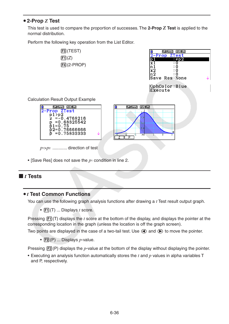 Tests, U 2-prop, Test | Test common functions | Casio FX-CG10 User Manual | Page 229 / 601