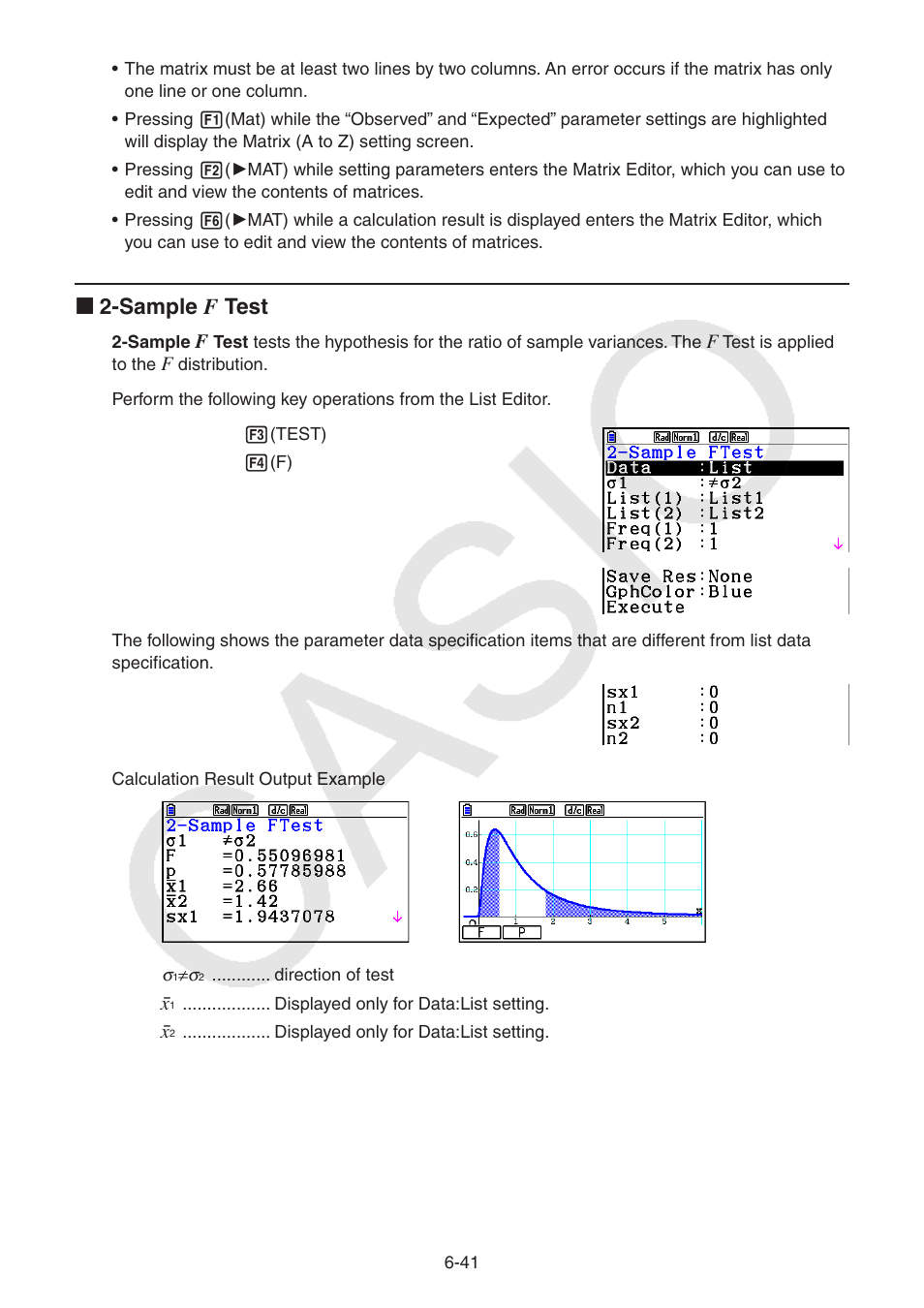 K 2-sample f test | Casio FX-CG10 User Manual | Page 234 / 601