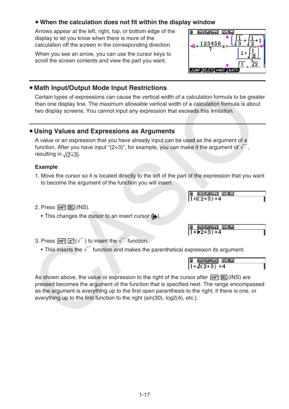 U math input/output mode input restrictions, U using values and expressions as arguments | Casio FX-CG10 User Manual | Page 24 / 601