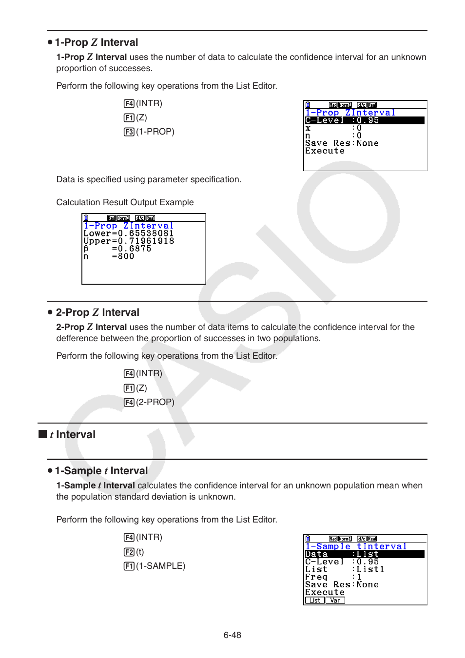 K t interval, U 1-prop, Interval | U 2-prop, U 1-sample | Casio FX-CG10 User Manual | Page 241 / 601