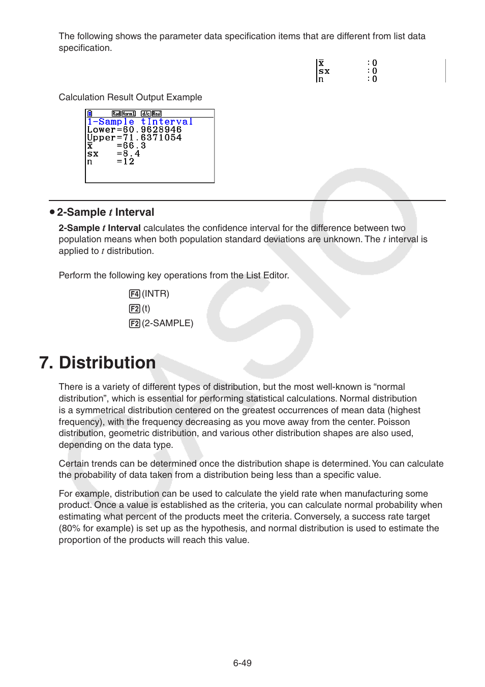 Distribution, U 2-sample, Interval | Casio FX-CG10 User Manual | Page 242 / 601