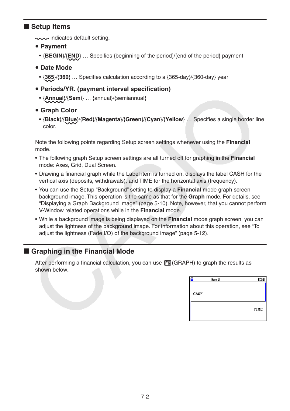 K setup items, K graphing in the financial mode | Casio FX-CG10 User Manual | Page 266 / 601