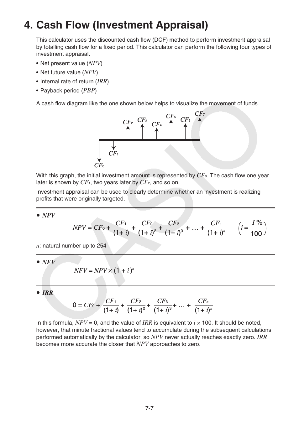 Cash flow (investment appraisal), Cash flow (investment appraisal) -7, Npv = cf | 1+ i ) cf, 1+ i ), I= 100 i % npv = cf, I= 100 i, Nfv = npv × (1 + i ), 0 = cf | Casio FX-CG10 User Manual | Page 271 / 601