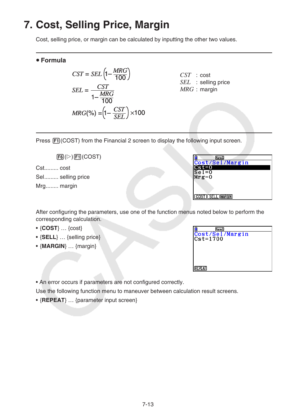 Cost, selling price, margin, Cost, selling price, margin -13 | Casio FX-CG10 User Manual | Page 277 / 601