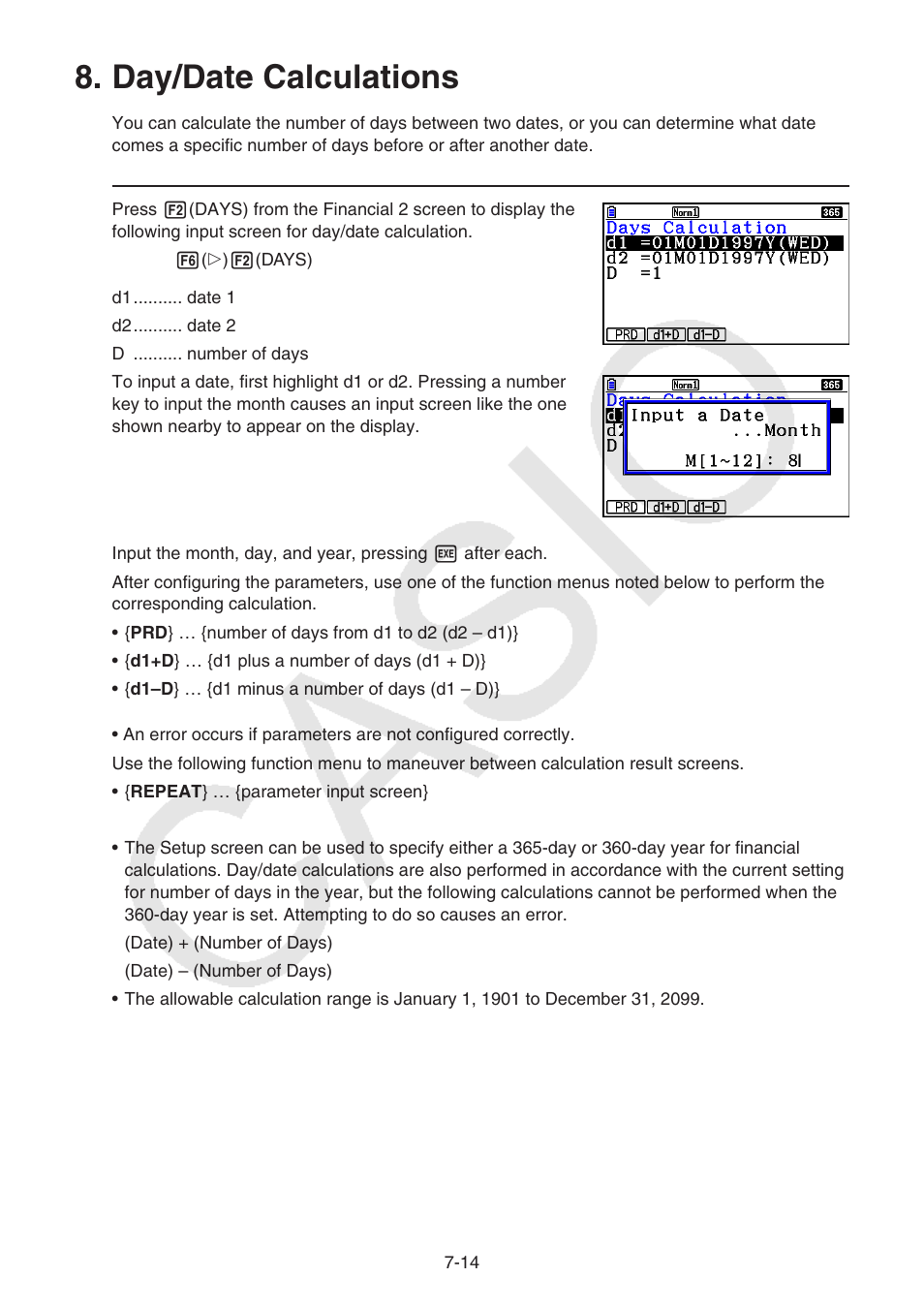 Day/date calculations, Day/date, Calculations | Casio FX-CG10 User Manual | Page 278 / 601