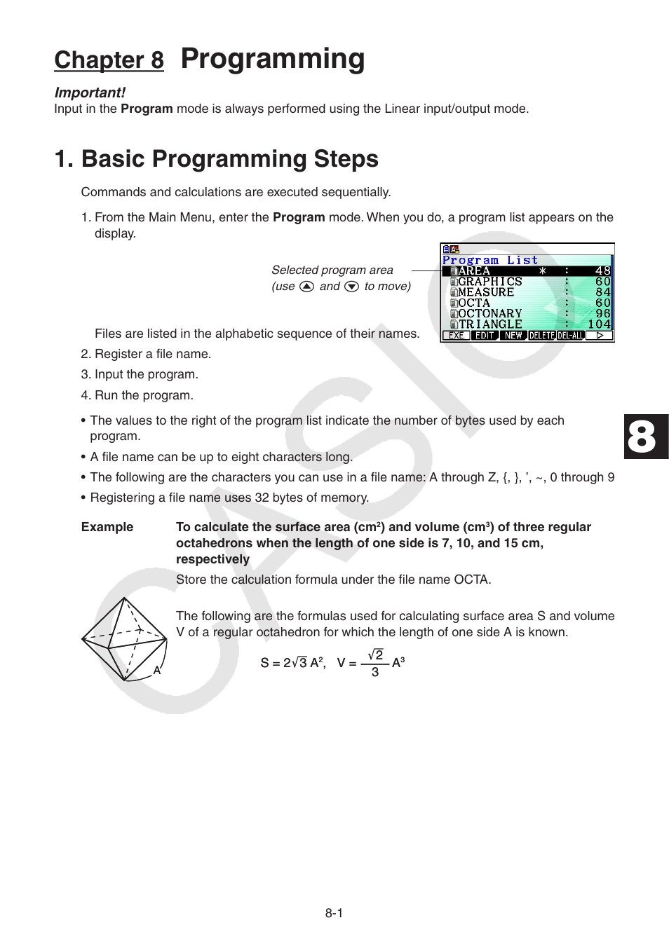 Chapter 8 programming, Basic programming steps, Basic | Programming, Steps, Chapter 8 | Casio FX-CG10 User Manual | Page 285 / 601