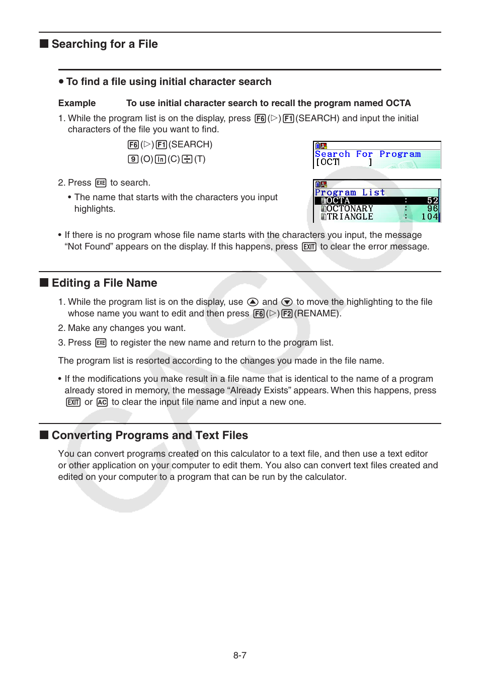 K searching for a file, K editing a file name, K converting programs and text files | Casio FX-CG10 User Manual | Page 291 / 601