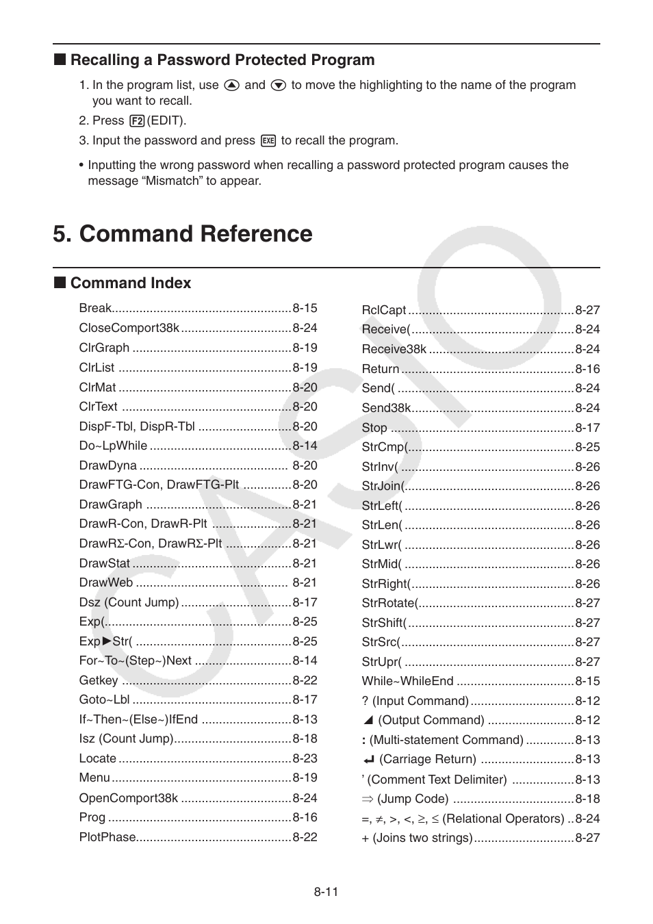 Command reference, Command, Reference | K recalling a password protected program, K command index | Casio FX-CG10 User Manual | Page 295 / 601