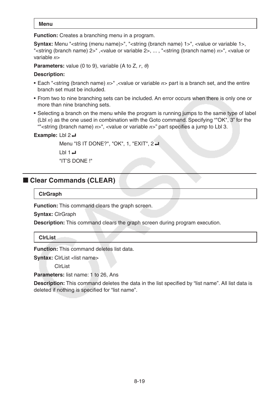 K clear commands (clear) | Casio FX-CG10 User Manual | Page 303 / 601