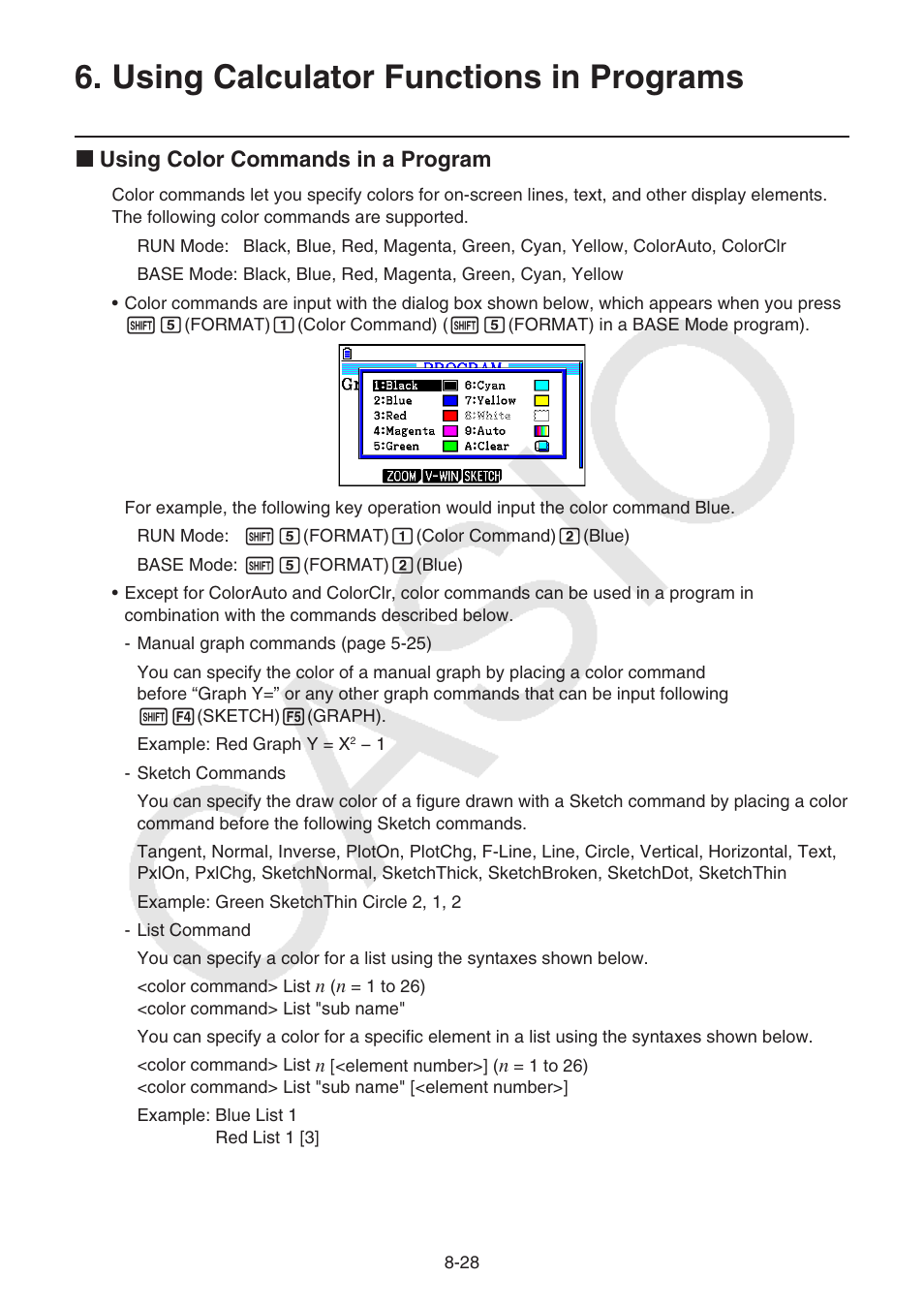 Using calculator functions in programs, Using calculator functions in programs -28, K using color commands in a program | Casio FX-CG10 User Manual | Page 312 / 601