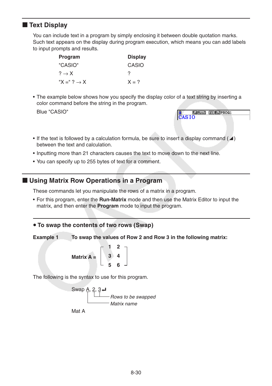 K text display, K using matrix row operations in a program | Casio FX-CG10 User Manual | Page 314 / 601