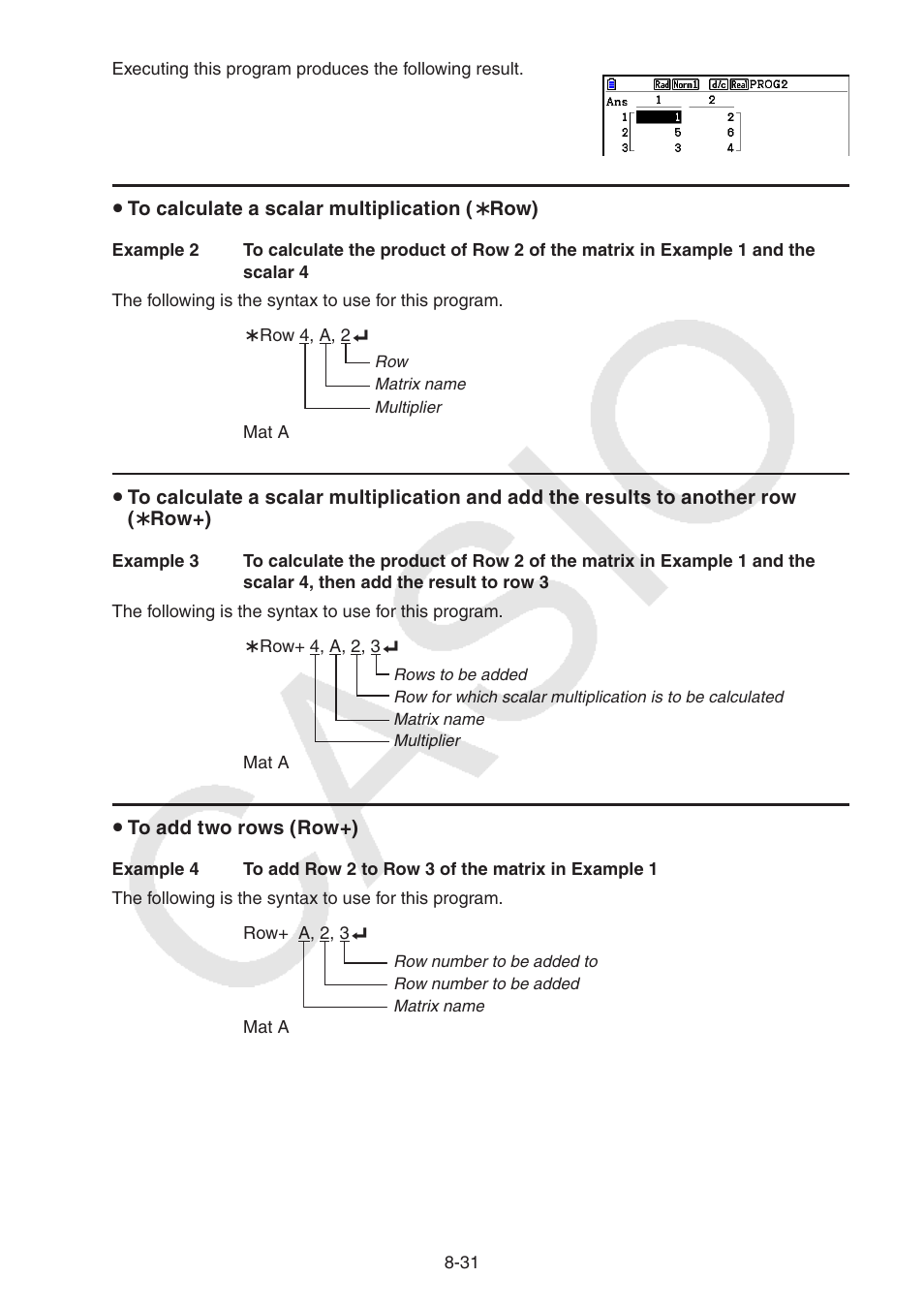 U to calculate a scalar multiplication ( ` row), U to add two rows (row+) | Casio FX-CG10 User Manual | Page 315 / 601