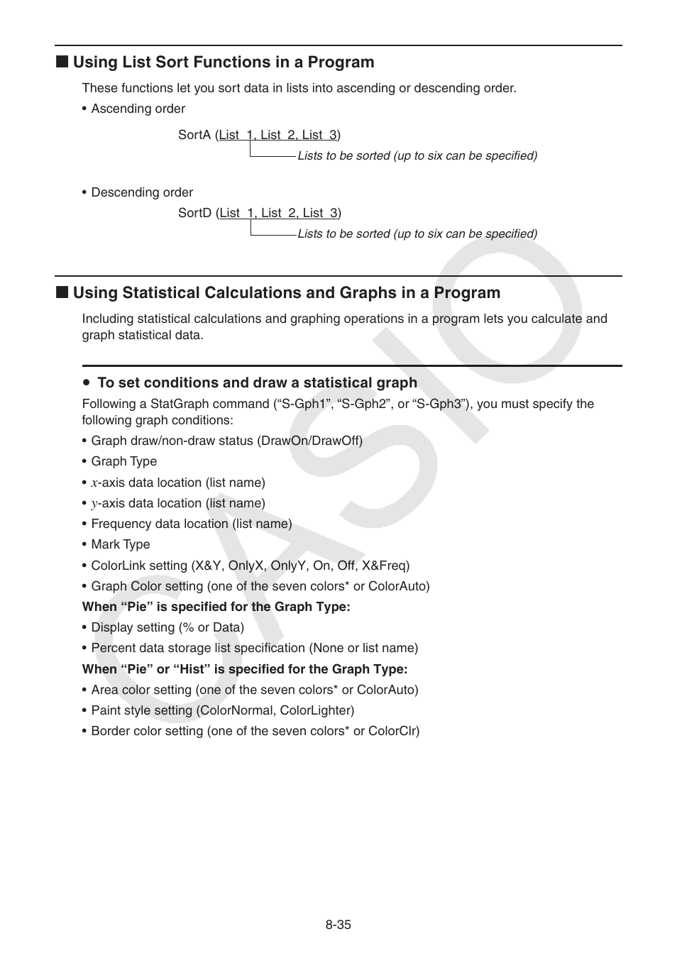 K using list sort functions in a program | Casio FX-CG10 User Manual | Page 319 / 601