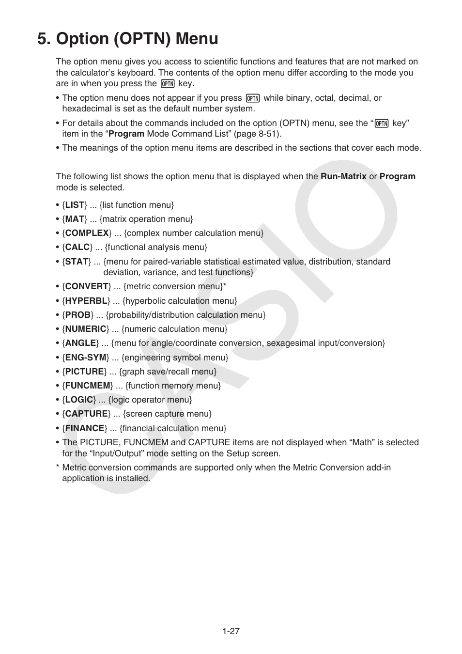 Option (optn) menu, Option, Optn) | Menu | Casio FX-CG10 User Manual | Page 34 / 601
