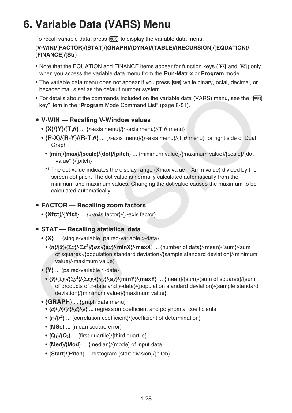 Variable data (vars) menu, Variable data (vars) menu -28 | Casio FX-CG10 User Manual | Page 35 / 601