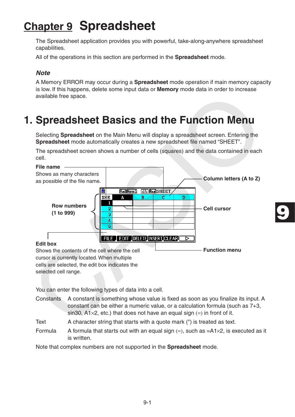 Chapter 9 spreadsheet, Spreadsheet basics and the function menu, Spreadsheet basics and the function menu -1 | Spreadsheet, Chapter 9 | Casio FX-CG10 User Manual | Page 352 / 601