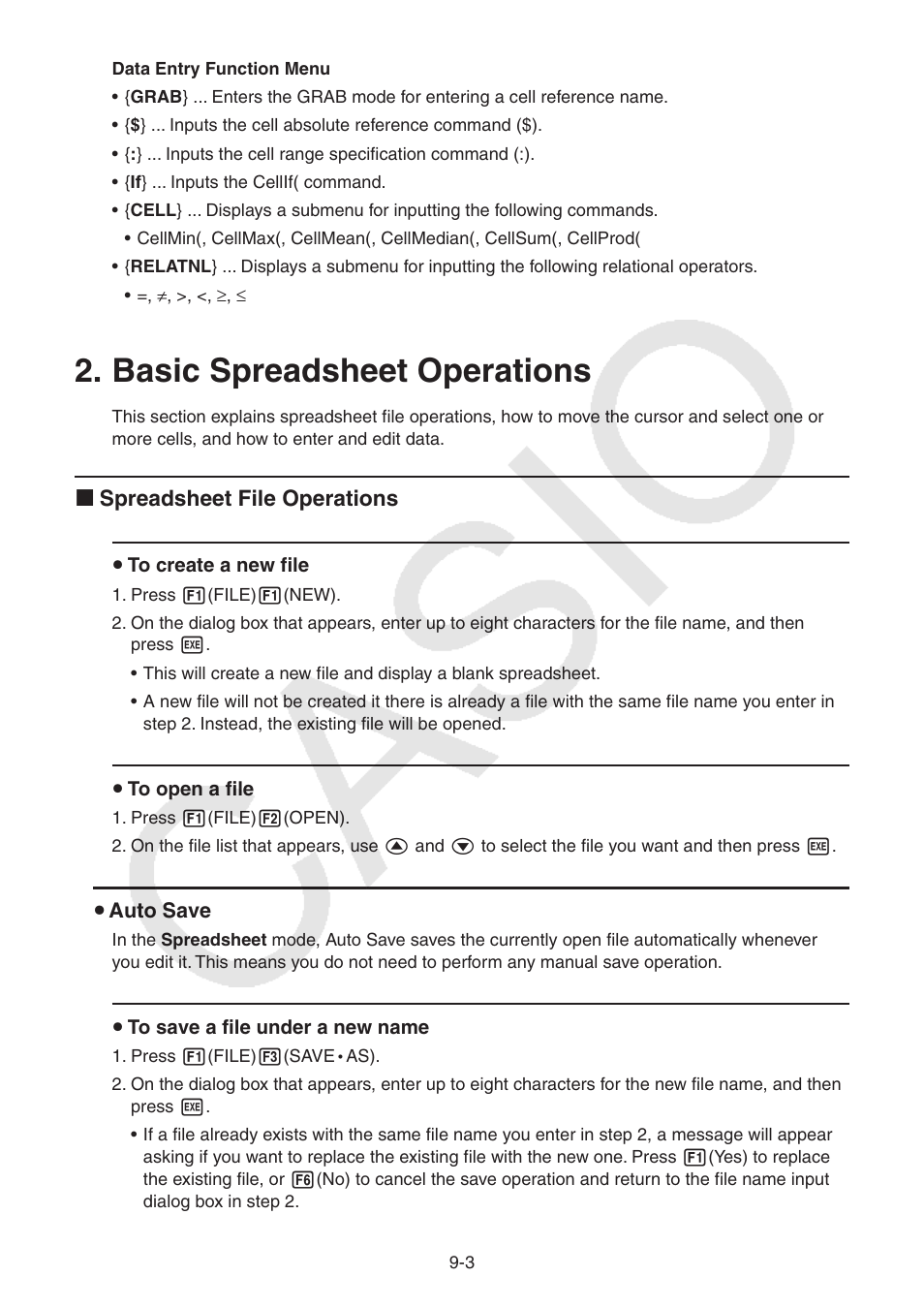 Basic spreadsheet operations, Basic spreadsheet operations -3, K spreadsheet file operations | Casio FX-CG10 User Manual | Page 354 / 601