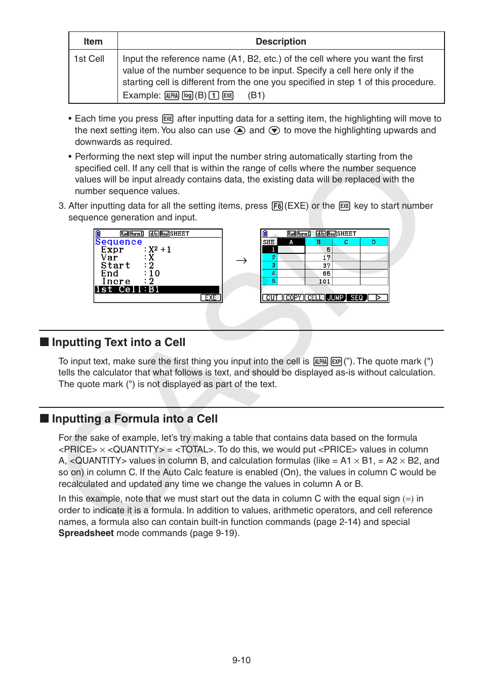 K inputting text into a cell, K inputting a formula into a cell | Casio FX-CG10 User Manual | Page 361 / 601