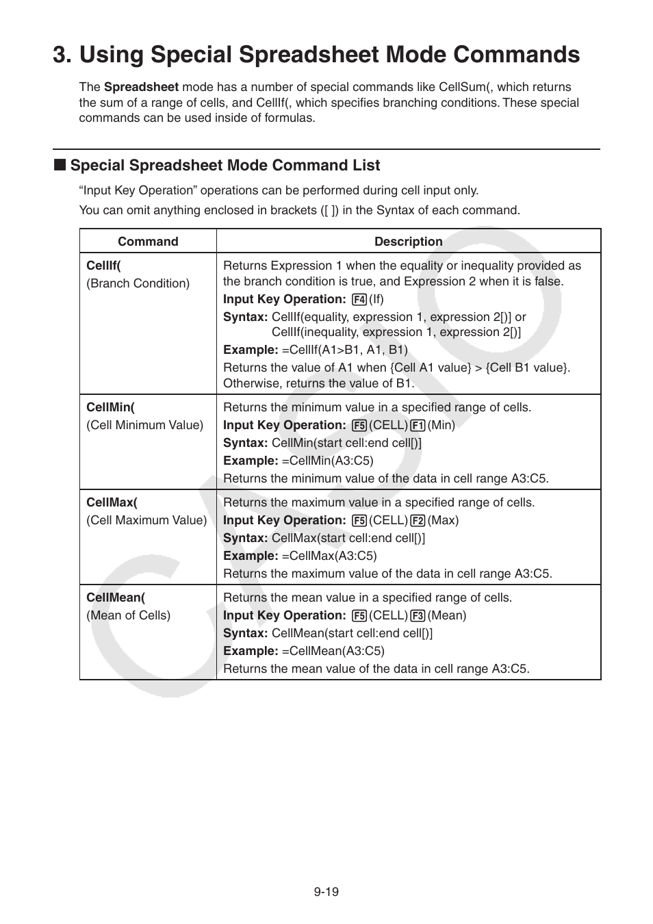 Using special spreadsheet mode commands, Using, Special | Spreadsheet mode commands -19, Using special spreadsheet, Mode commands | Casio FX-CG10 User Manual | Page 370 / 601