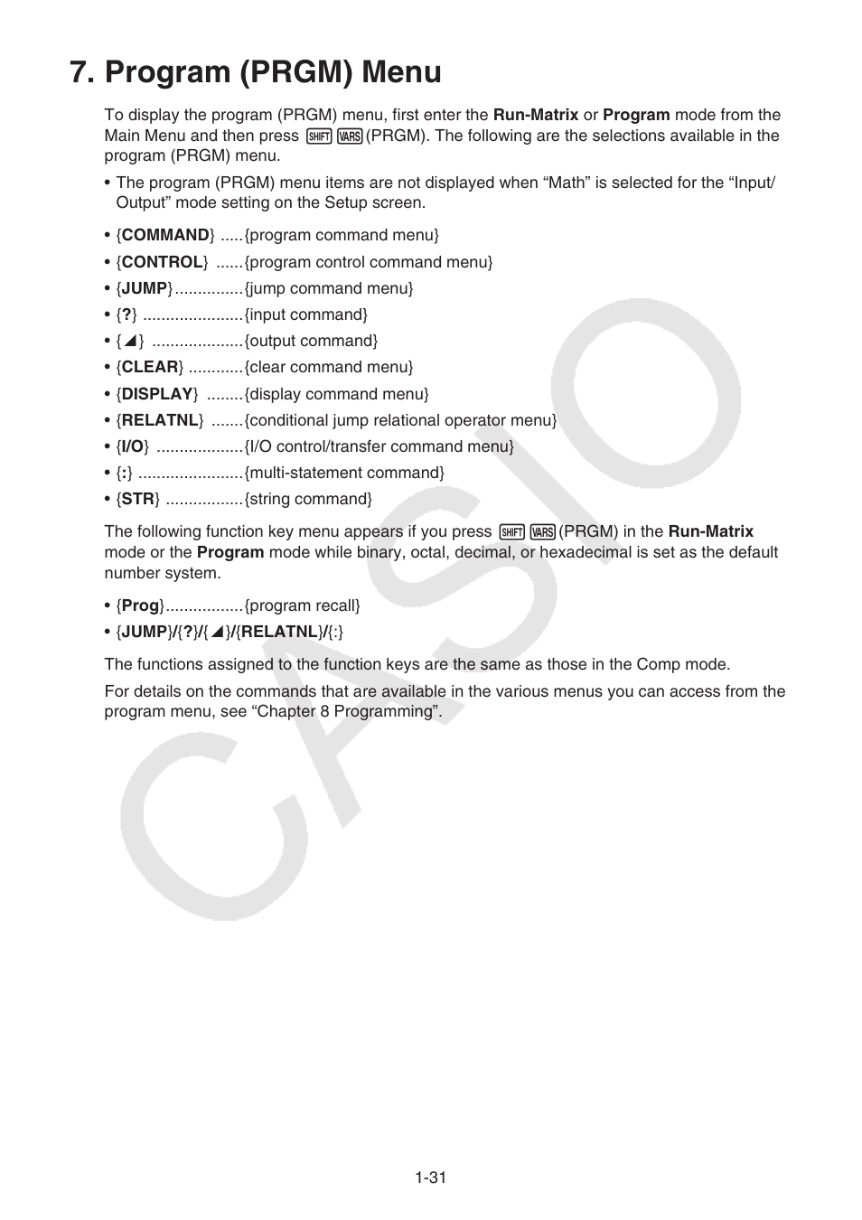 Program (prgm) menu, Program (prgm) menu -31 | Casio FX-CG10 User Manual | Page 38 / 601