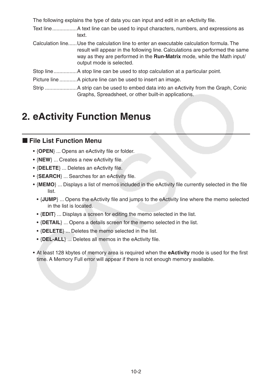 Eactivity function menus, Eactivity, Function | Menus, K file list function menu | Casio FX-CG10 User Manual | Page 389 / 601