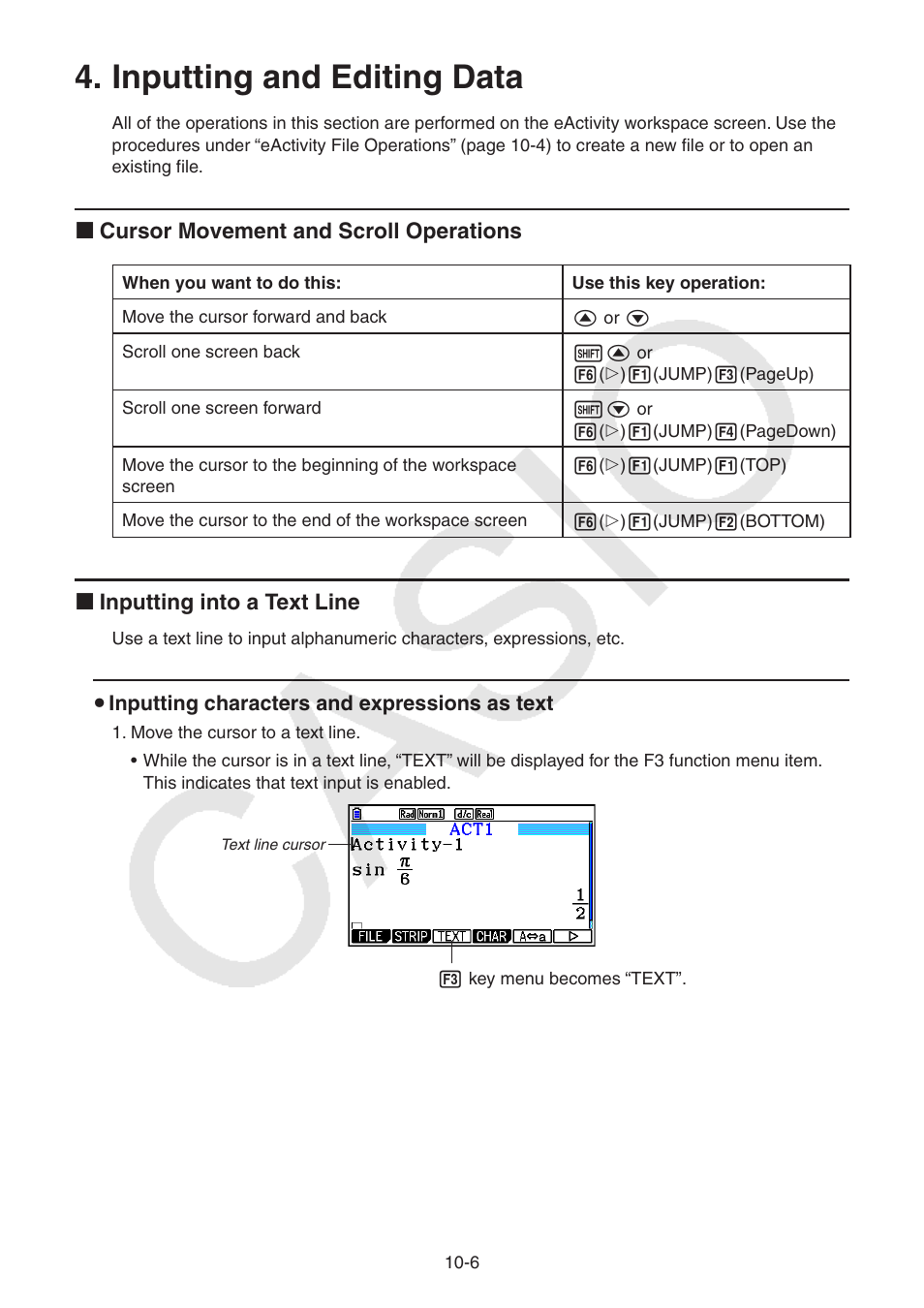 Inputting and editing data, Inputting and editing data -6, K cursor movement and scroll operations | K inputting into a text line | Casio FX-CG10 User Manual | Page 393 / 601