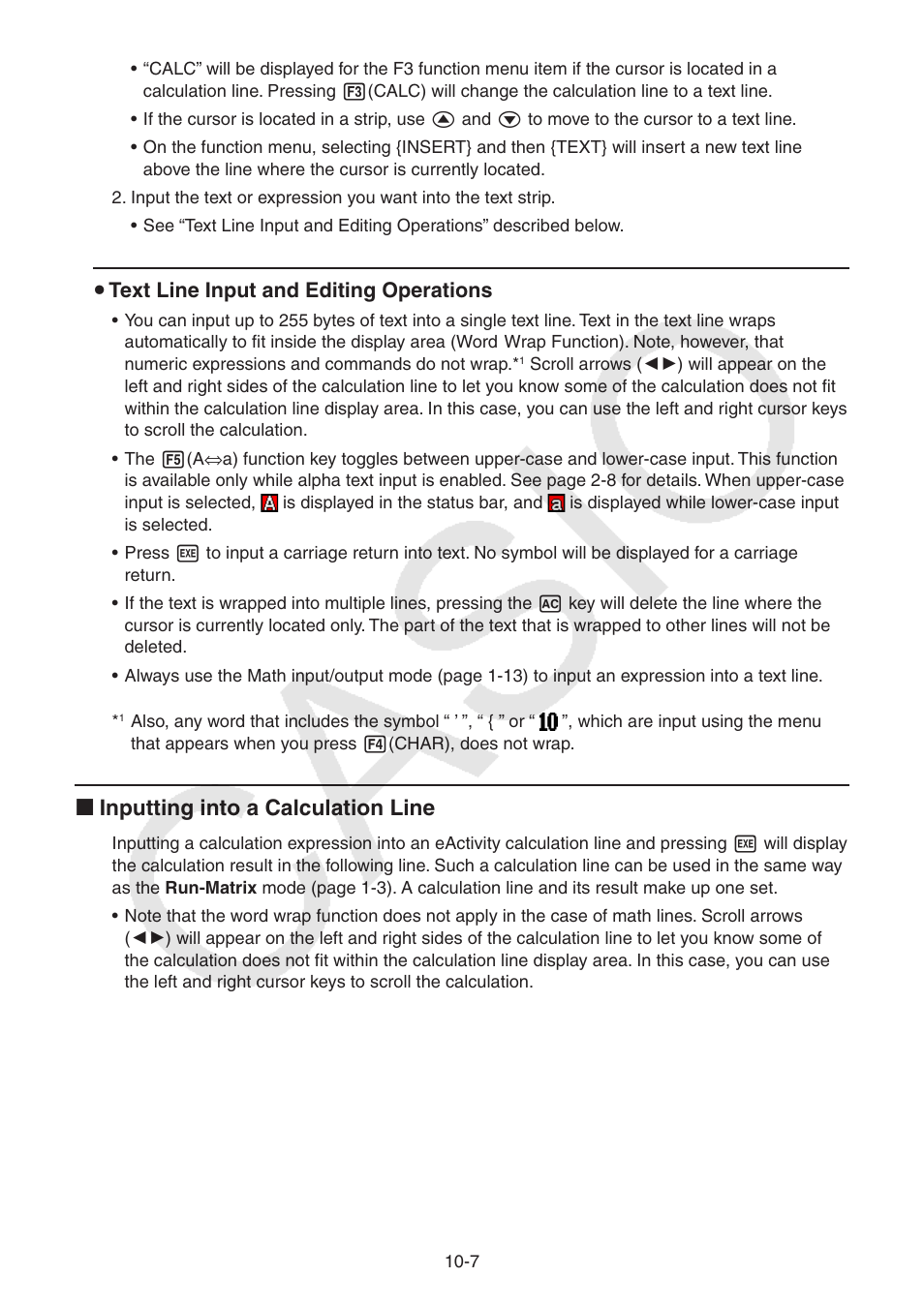 K inputting into a calculation line, U text line input and editing operations | Casio FX-CG10 User Manual | Page 394 / 601
