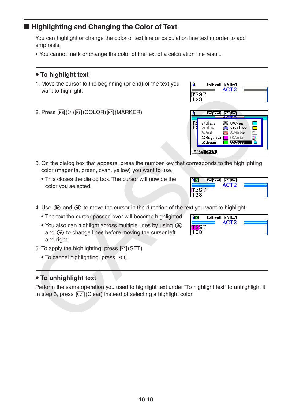 K highlighting and changing the color of text | Casio FX-CG10 User Manual | Page 397 / 601